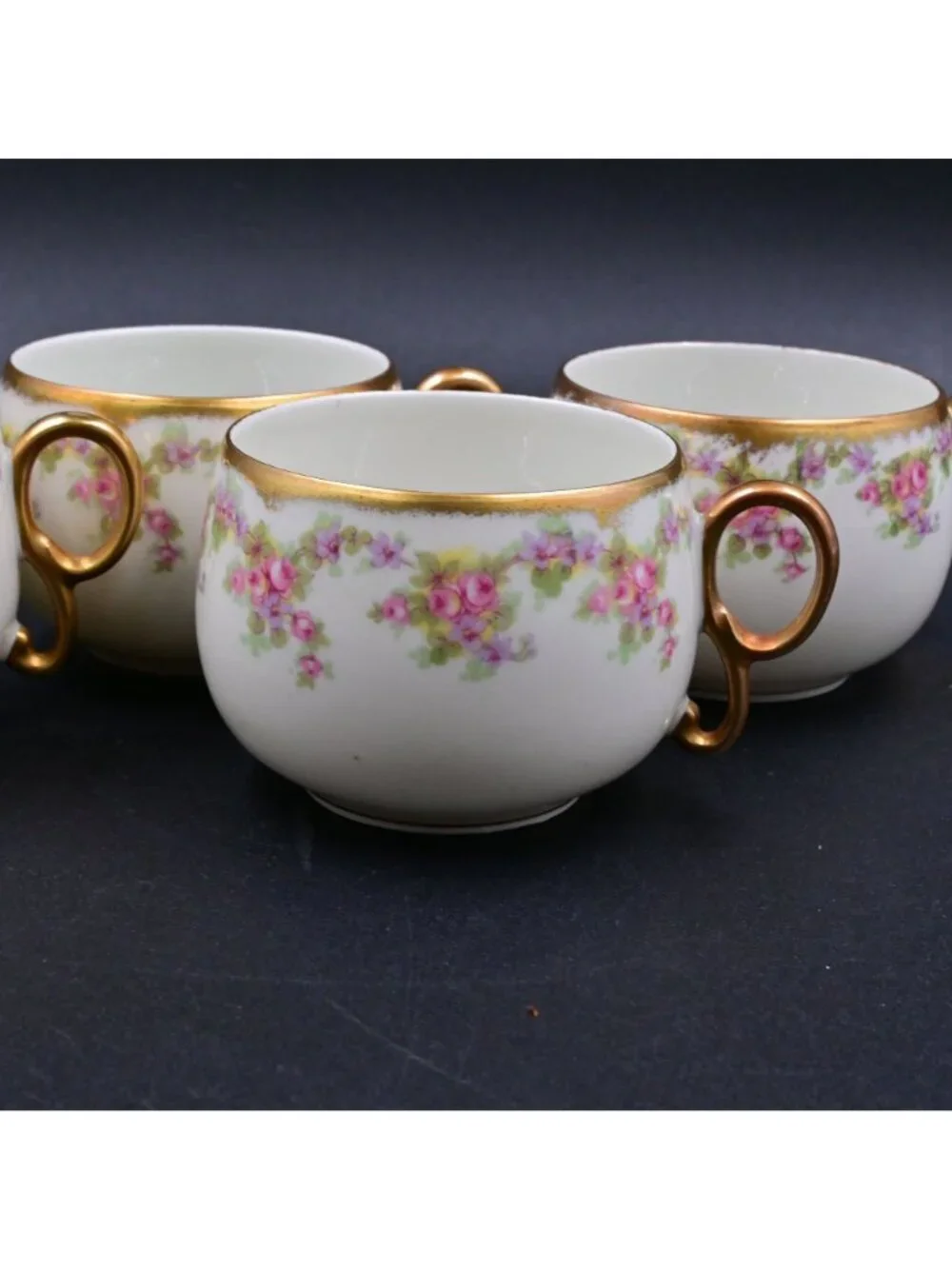 Limoges Elite Works Floral Teacups Set of 4 Pink Gold Rim Vintage